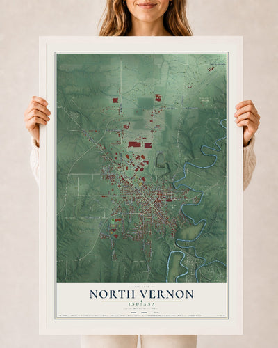 Map of North Vernon, Indiana, 24 x 36 inch print in a white wood frame