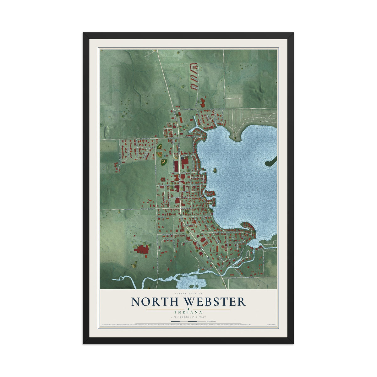 Map of North Webster, Indiana, 12 x 18 inch print in a black wood frame