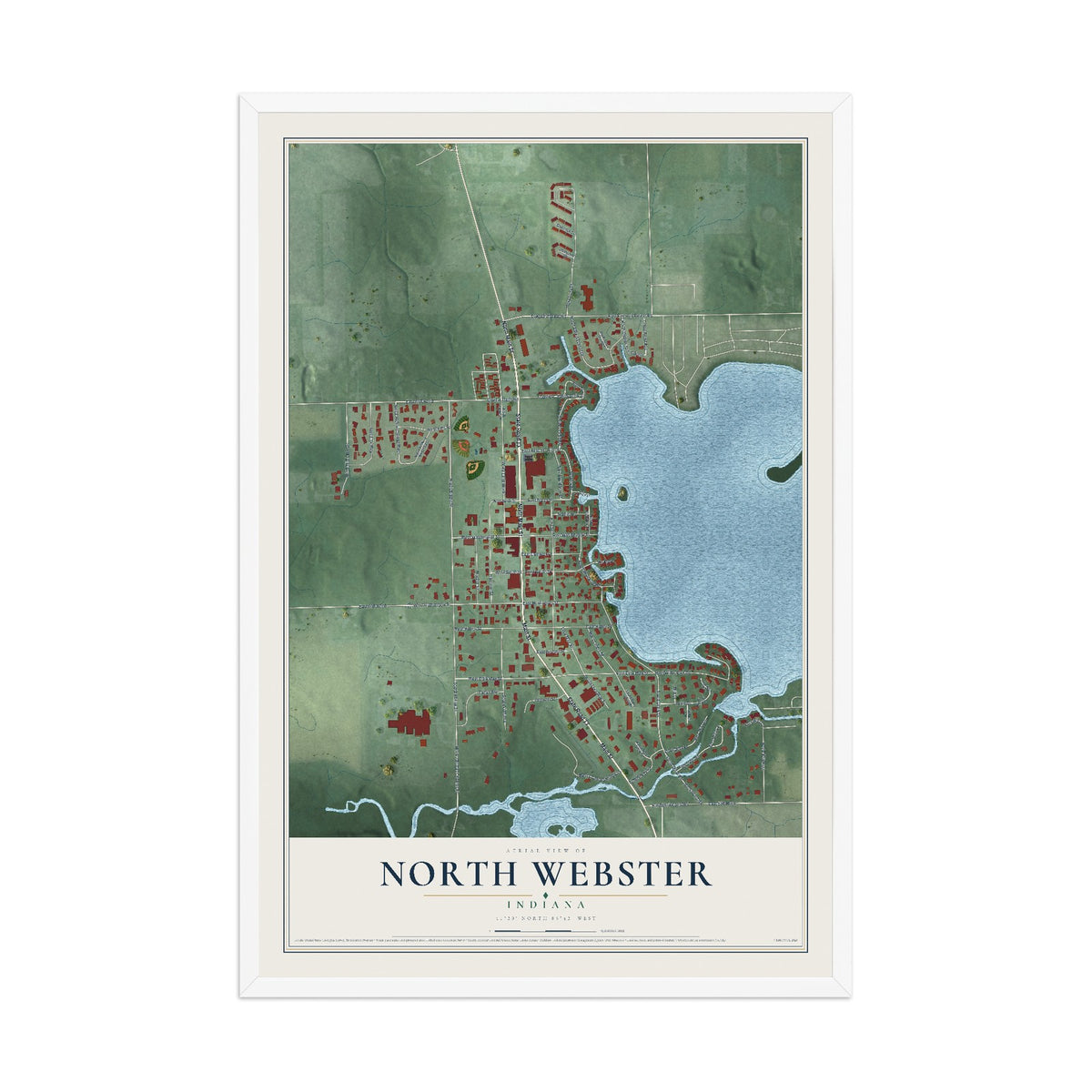 Map of North Webster, Indiana, 12 x 18 inch print in a white wood frame