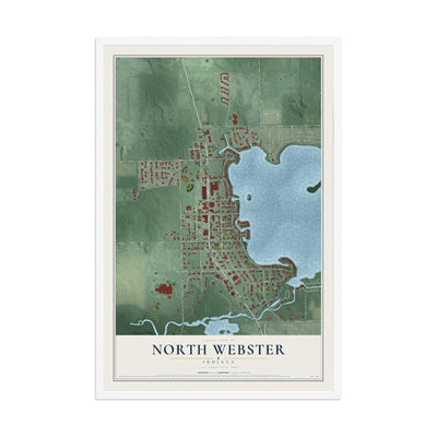 Map of North Webster, Indiana, 12 x 18 inch print in a white wood frame
