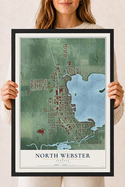Map of North Webster, Indiana, 18 x 24 inch print in a black wood frame