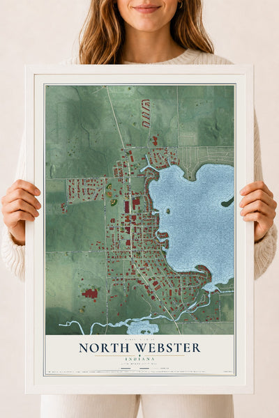 Map of North Webster, Indiana, 18 x 24 inch print in a white wood frame