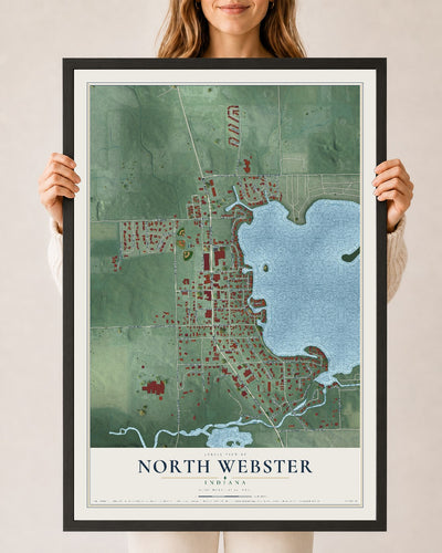 Map of North Webster, Indiana, 24 x 36 inch print in a black wood frame