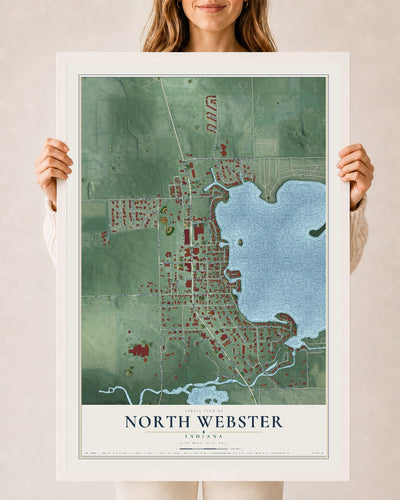 Map of North Webster, Indiana, 24 x 36 inch print in a white wood frame