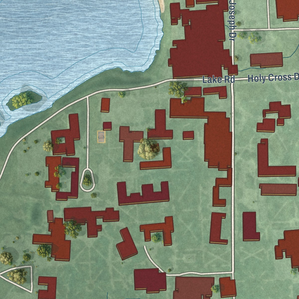 Close-up of the map of Notre Dame, Indiana print showing street and building detail