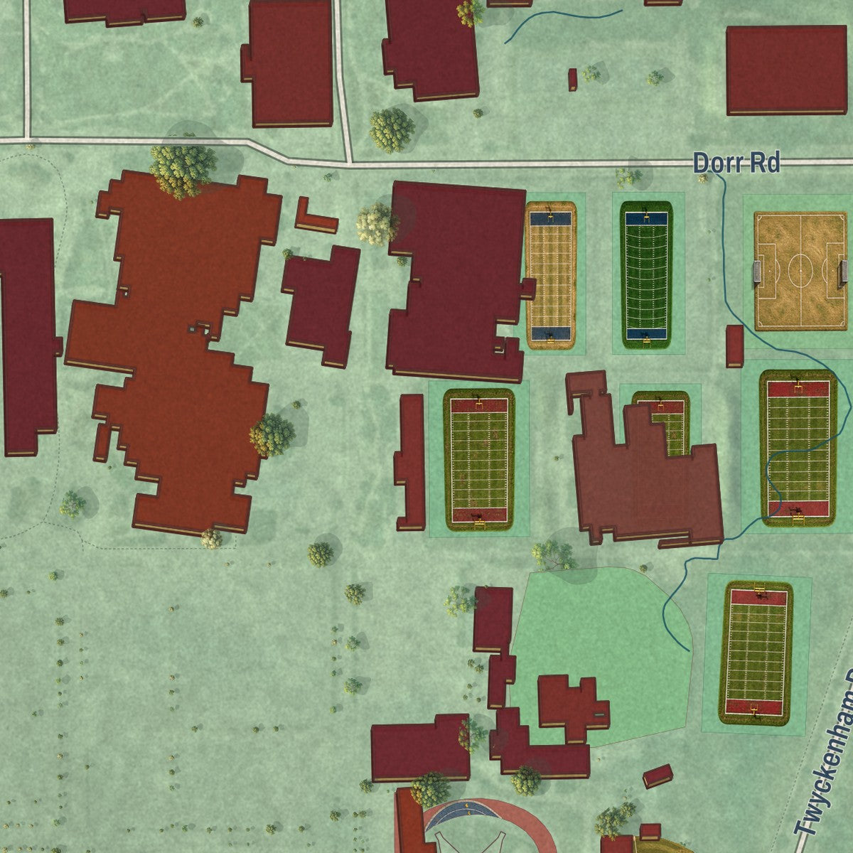 Second close-up of the map of Notre Dame, Indiana print showing more streets and buildings