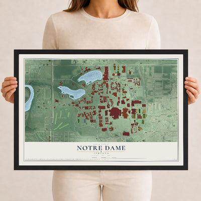 Map of Notre Dame, Indiana, 12 x 18 inch print in a black wood frame