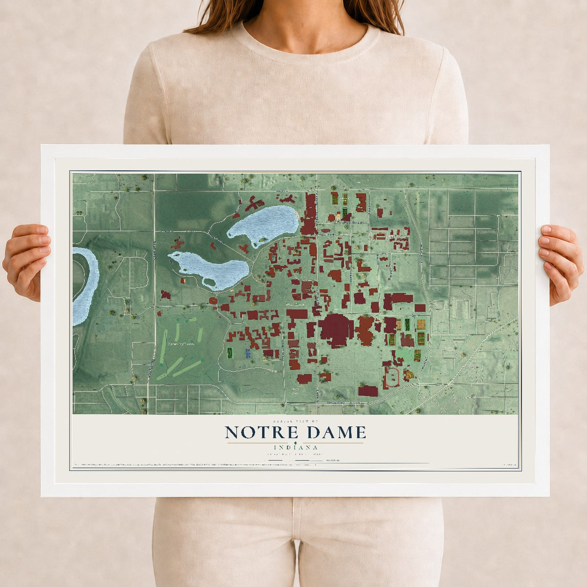 Map of Notre Dame, Indiana, 12 x 18 inch print in a white wood frame