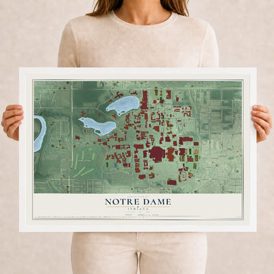 Map of Notre Dame, Indiana, 12 x 18 inch print in a white wood frame
