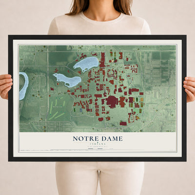 Map of Notre Dame, Indiana, 18 x 24 inch print in a black wood frame
