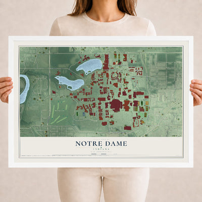 Map of Notre Dame, Indiana, 18 x 24 inch print in a white wood frame