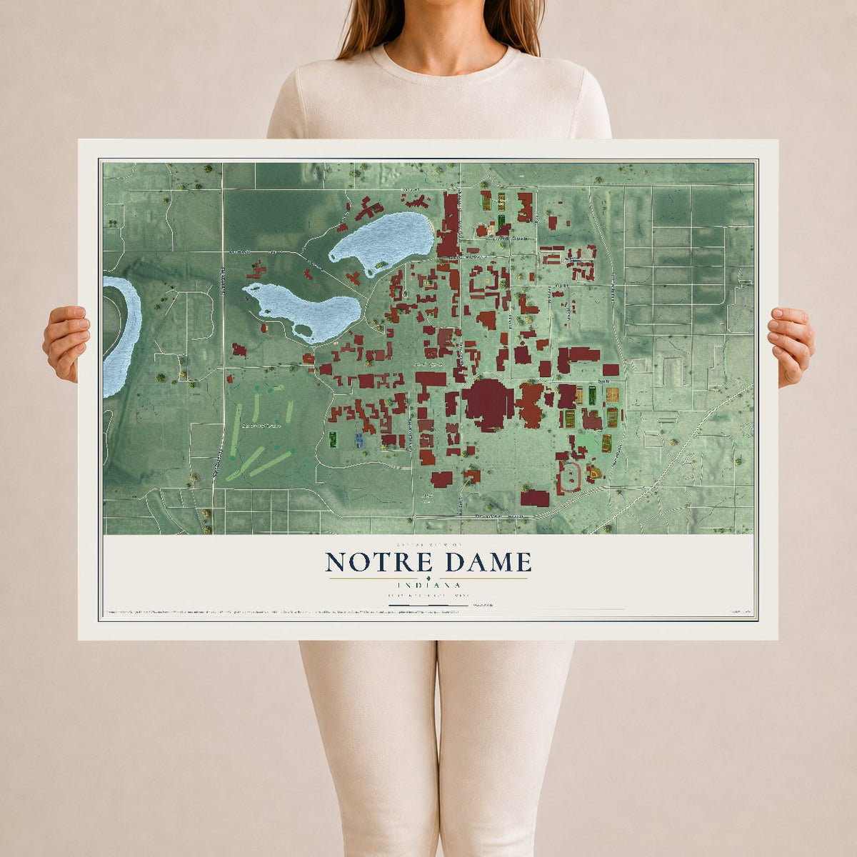 Map of Notre Dame, Indiana, 24 x 36 inch unframed archival matte print