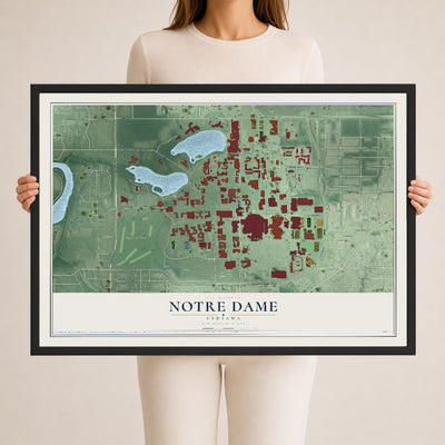 Map of Notre Dame, Indiana, 24 x 36 inch print in a black wood frame
