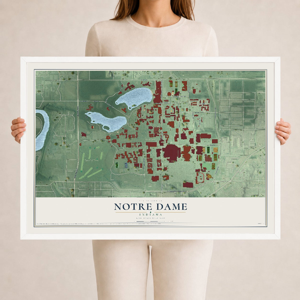 Map of Notre Dame, Indiana, 24 x 36 inch print in a white wood frame