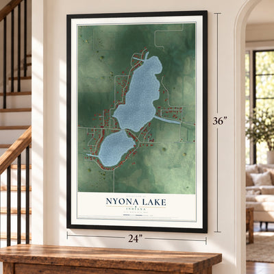 Nyona Lake, Indiana map, 24 x 36 inch print in a black frame by a staircase