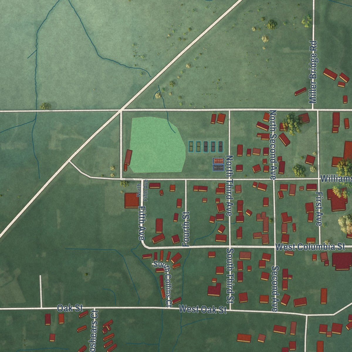 Second close-up of the map of Oakland City, Indiana print showing more streets and buildings