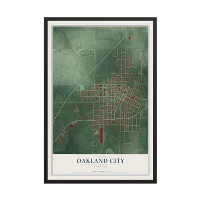 Map of Oakland City, Indiana, 12 x 18 inch print in a black wood frame