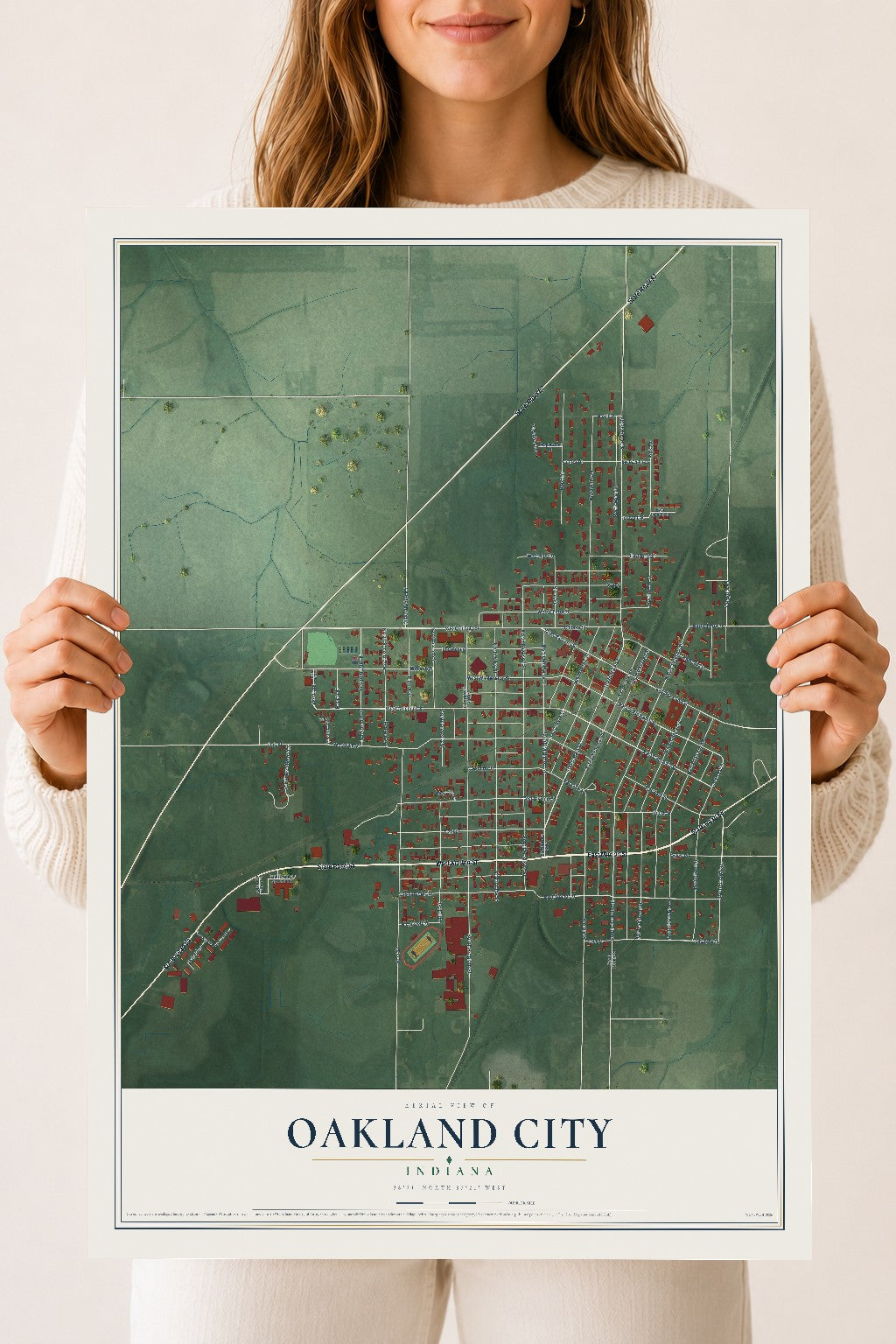Map of Oakland City, Indiana, 18 x 24 inch unframed archival matte print