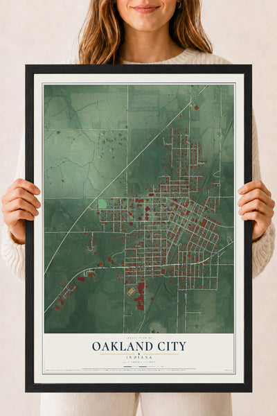 Map of Oakland City, Indiana, 18 x 24 inch print in a black wood frame