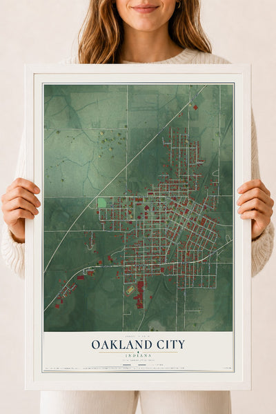 Map of Oakland City, Indiana, 18 x 24 inch print in a white wood frame