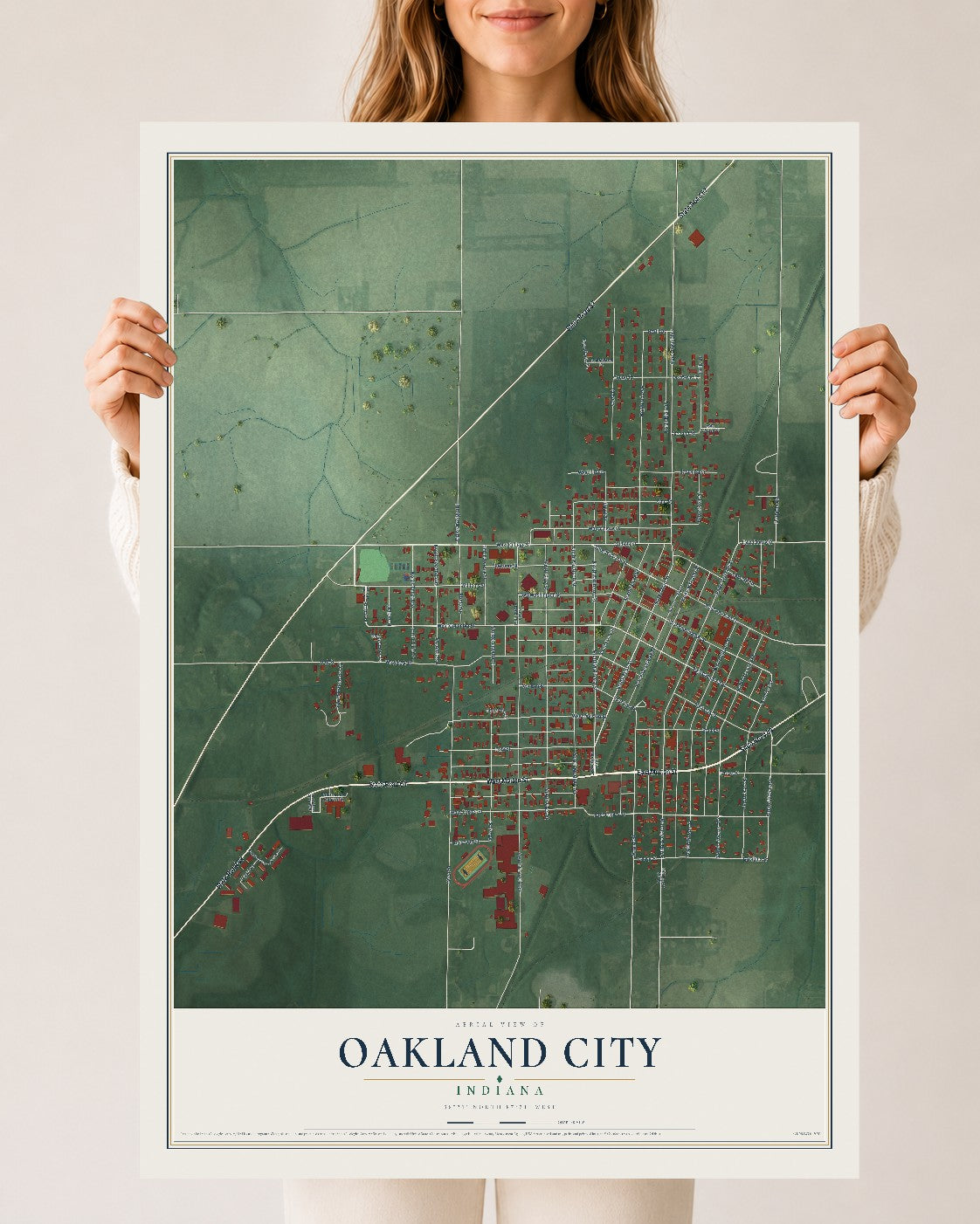 Map of Oakland City, Indiana, 24 x 36 inch unframed archival matte print