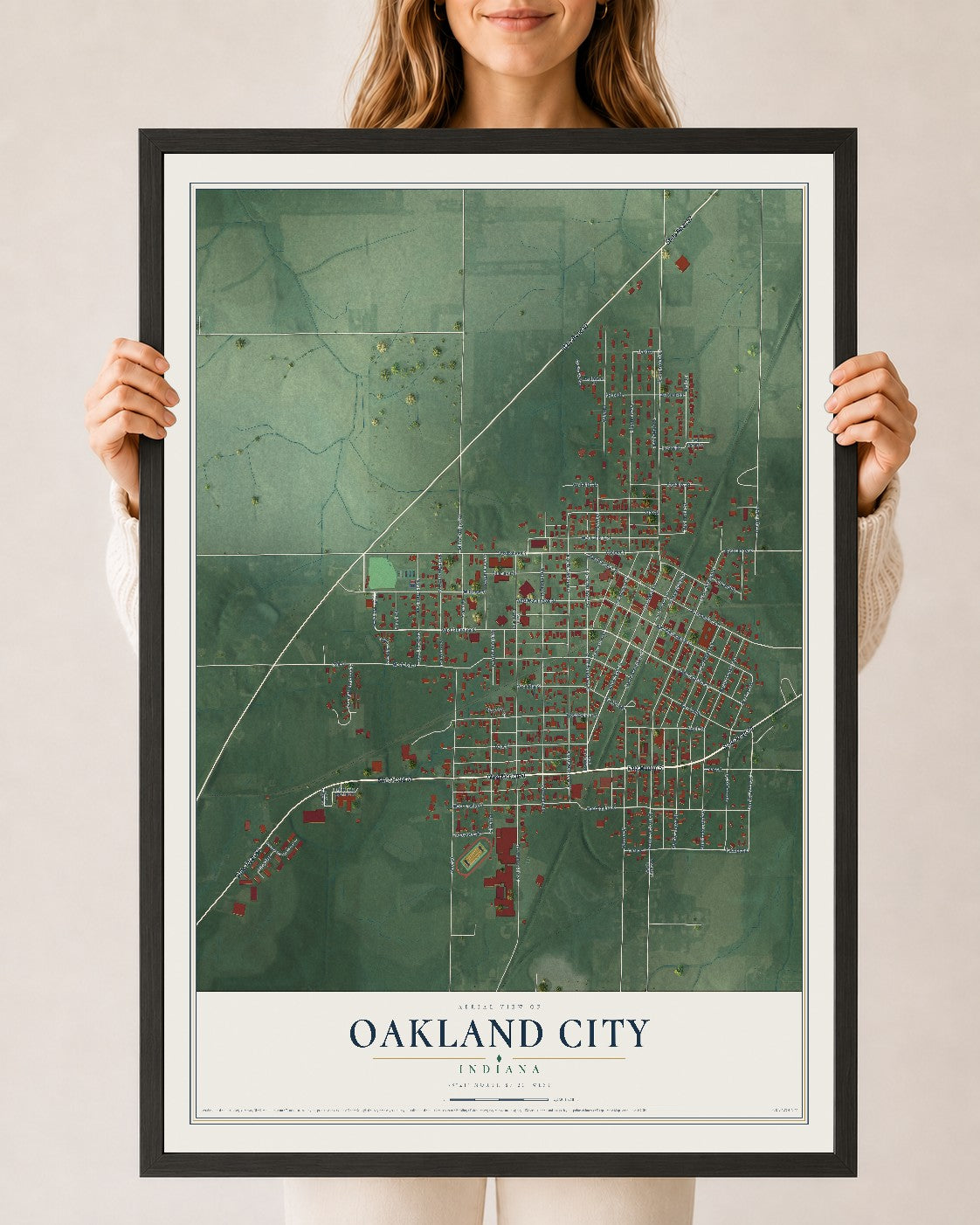 Map of Oakland City, Indiana, 24 x 36 inch print in a black wood frame