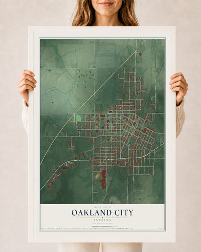 Map of Oakland City, Indiana, 24 x 36 inch print in a white wood frame