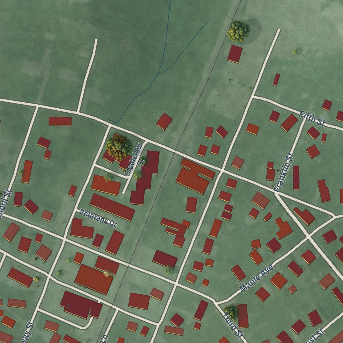 Close-up of the map of Oaktown, Indiana print showing street and building detail