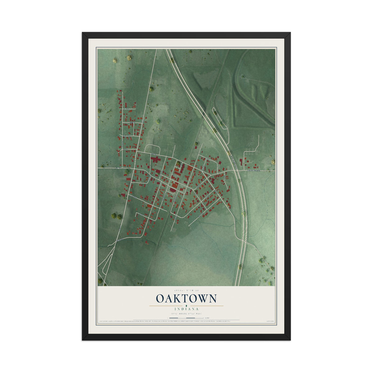 Map of Oaktown, Indiana, 12 x 18 inch print in a black wood frame