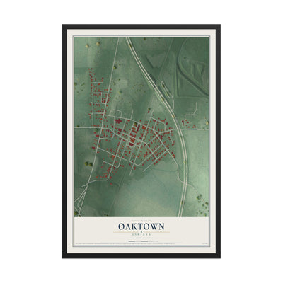 Map of Oaktown, Indiana, 12 x 18 inch print in a black wood frame