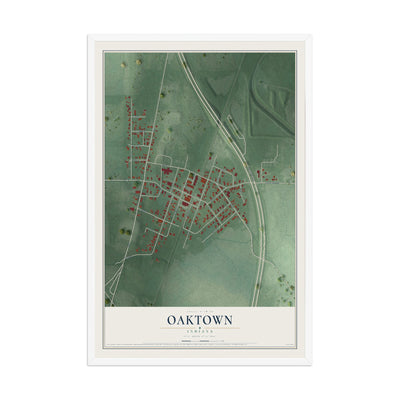Map of Oaktown, Indiana, 12 x 18 inch print in a white wood frame