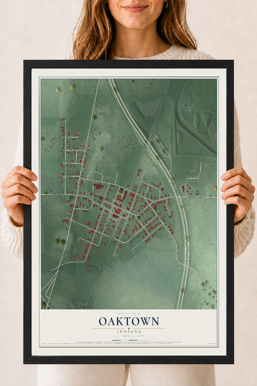 Map of Oaktown, Indiana, 18 x 24 inch print in a black wood frame