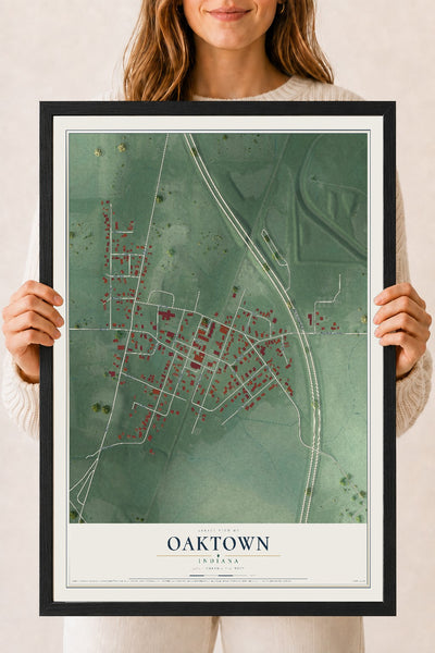 Map of Oaktown, Indiana, 18 x 24 inch print in a black wood frame