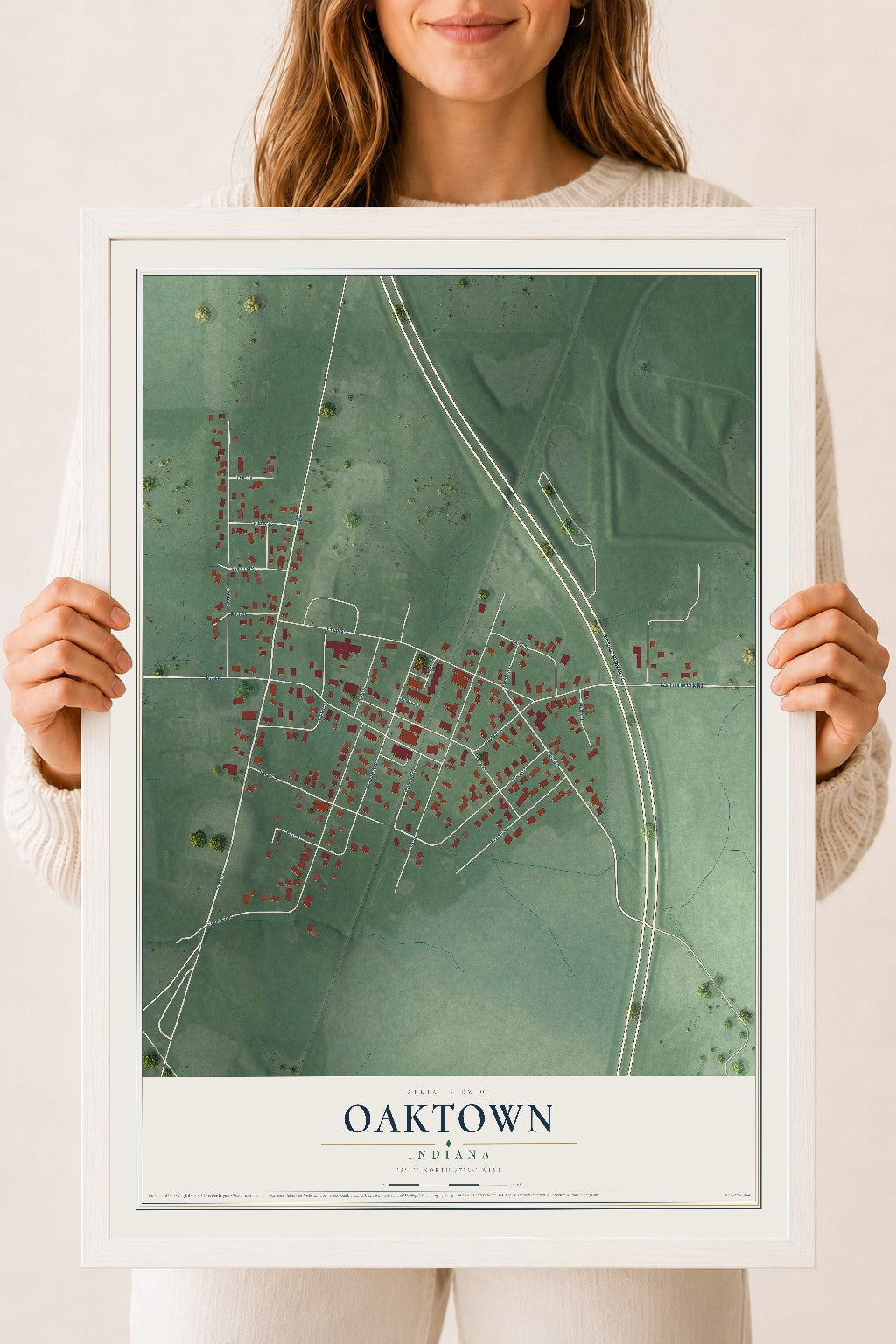 Map of Oaktown, Indiana, 18 x 24 inch print in a white wood frame