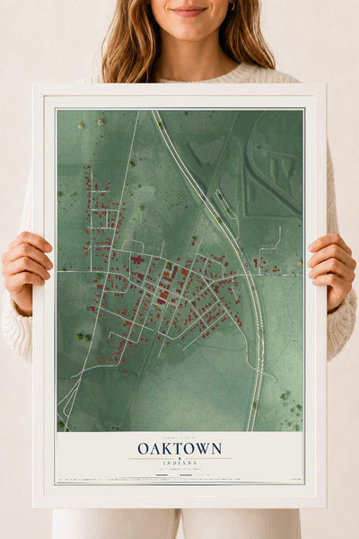 Map of Oaktown, Indiana, 18 x 24 inch print in a white wood frame