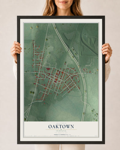 Map of Oaktown, Indiana, 24 x 36 inch print in a black wood frame