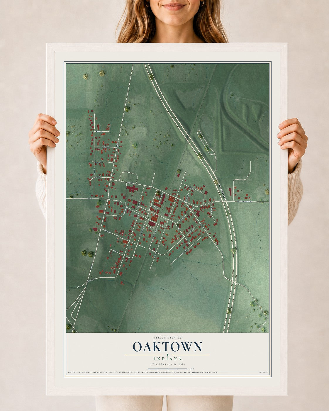 Map of Oaktown, Indiana, 24 x 36 inch print in a white wood frame