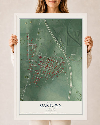 Map of Oaktown, Indiana, 24 x 36 inch print in a white wood frame