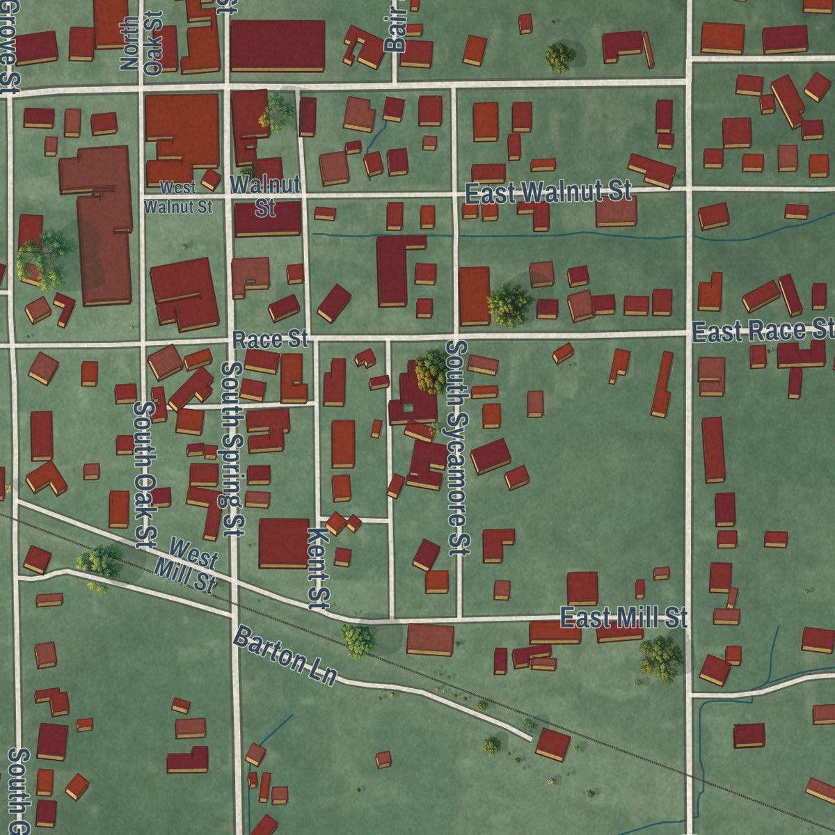 Close-up of the map of Odon, Indiana print showing street and building detail