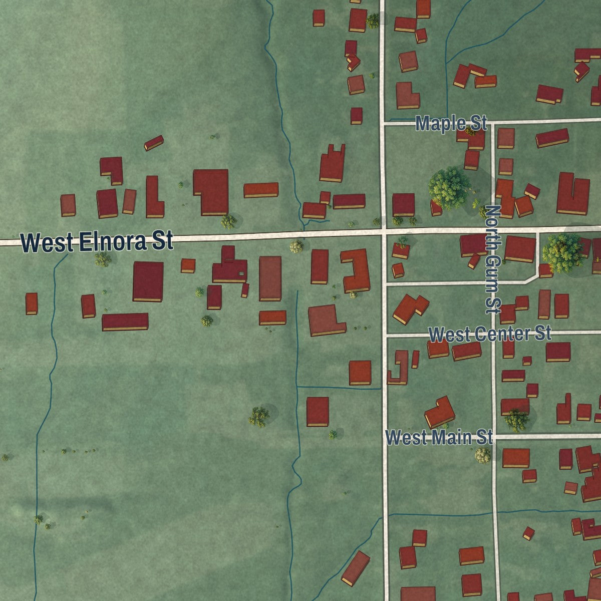 Second close-up of the map of Odon, Indiana print showing more streets and buildings