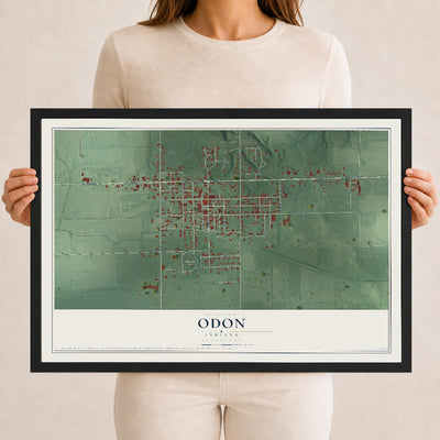 Map of Odon, Indiana, 12 x 18 inch print in a black wood frame