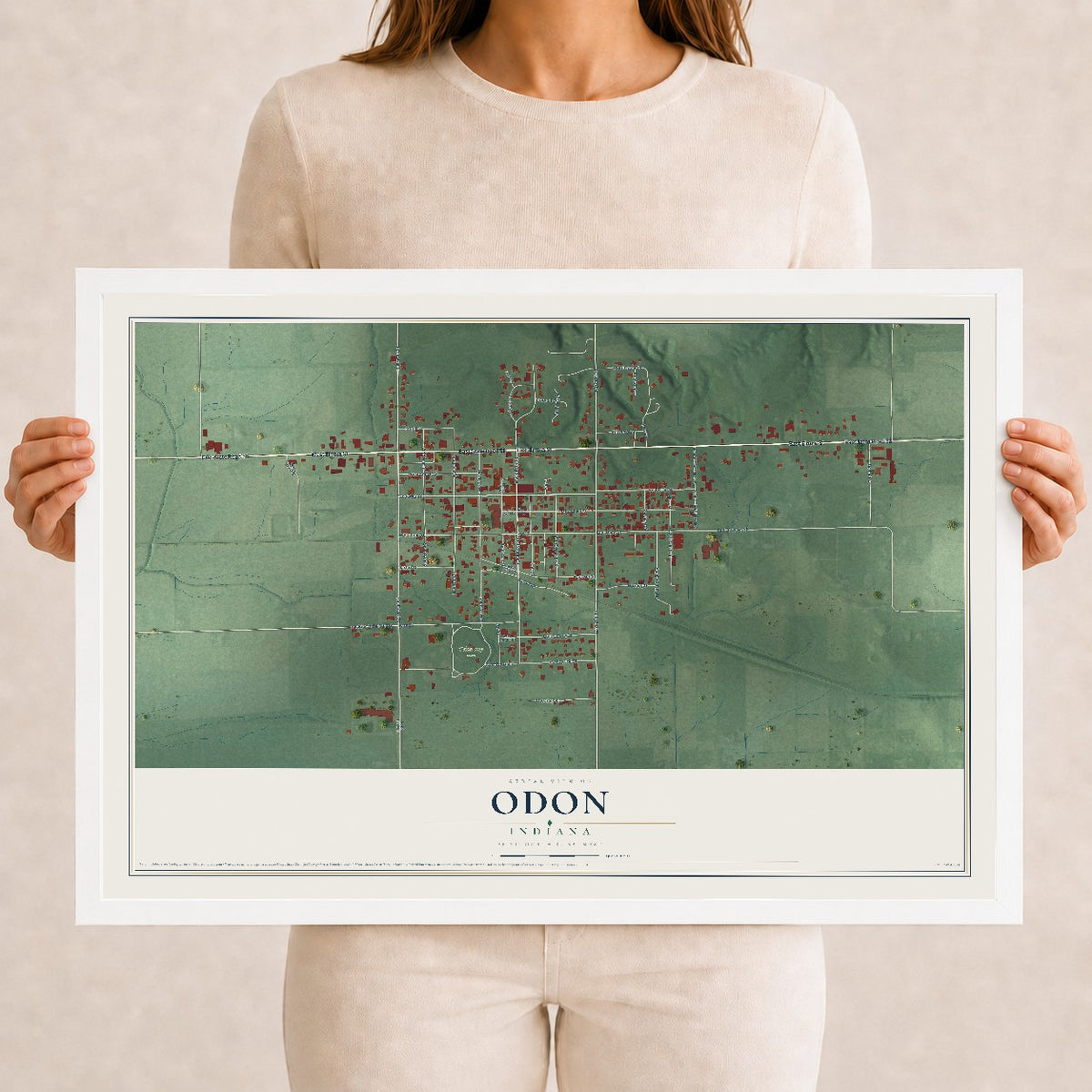 Map of Odon, Indiana, 12 x 18 inch print in a white wood frame
