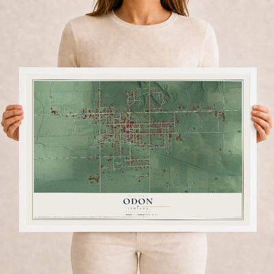 Map of Odon, Indiana, 12 x 18 inch print in a white wood frame