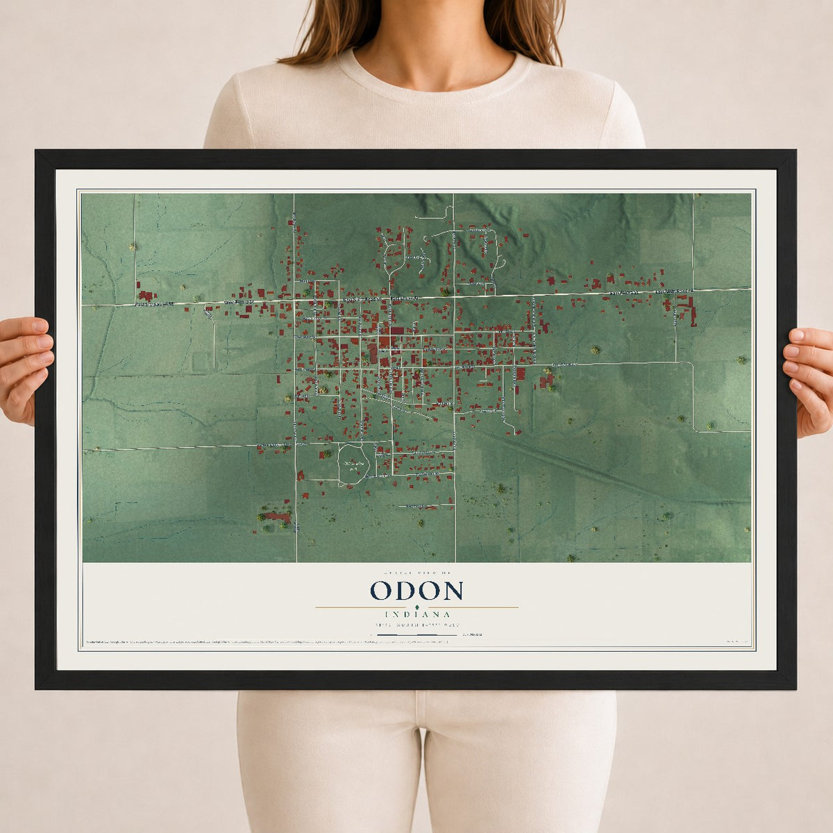 Map of Odon, Indiana, 18 x 24 inch print in a black wood frame