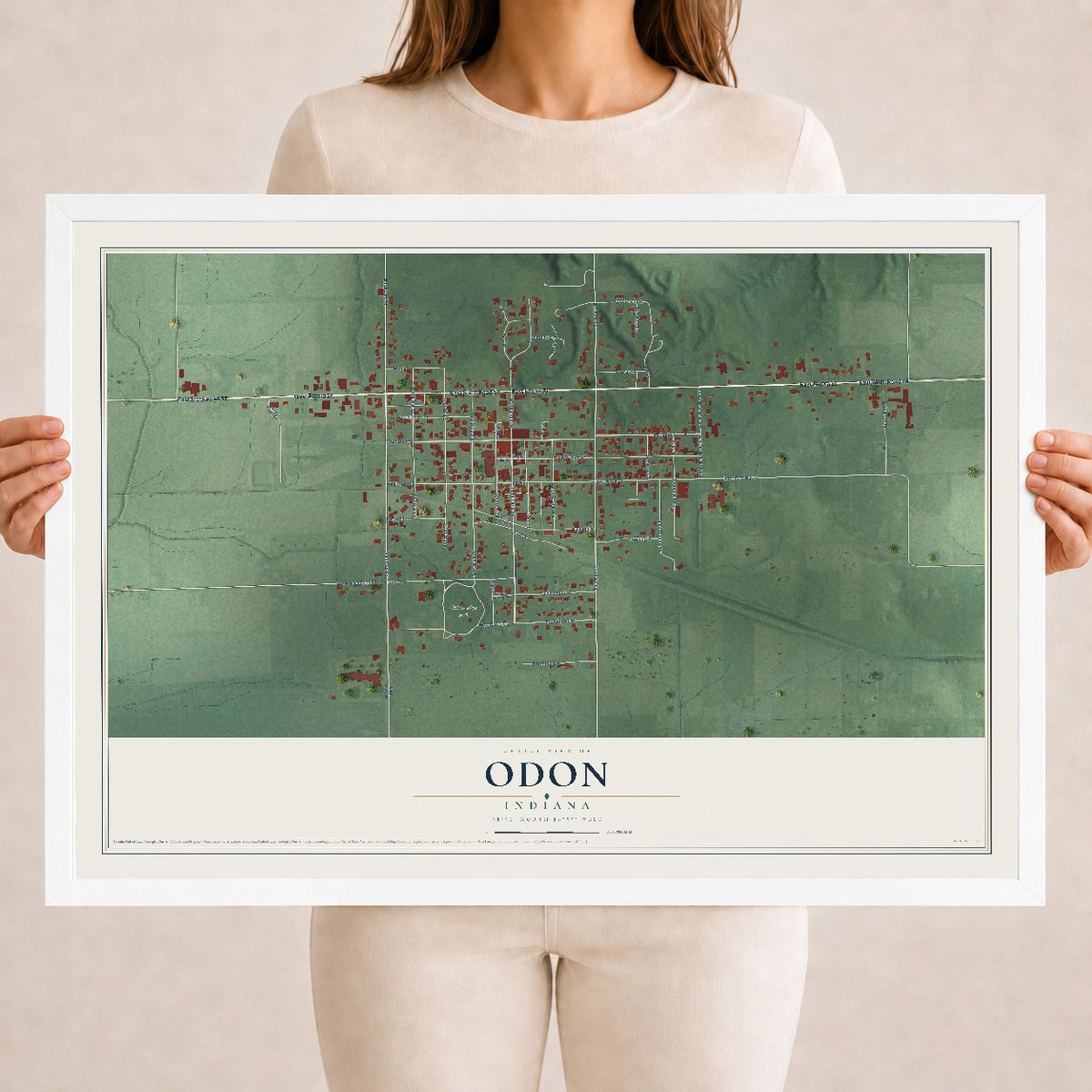 Map of Odon, Indiana, 18 x 24 inch print in a white wood frame