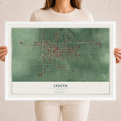 Map of Odon, Indiana, 18 x 24 inch print in a white wood frame