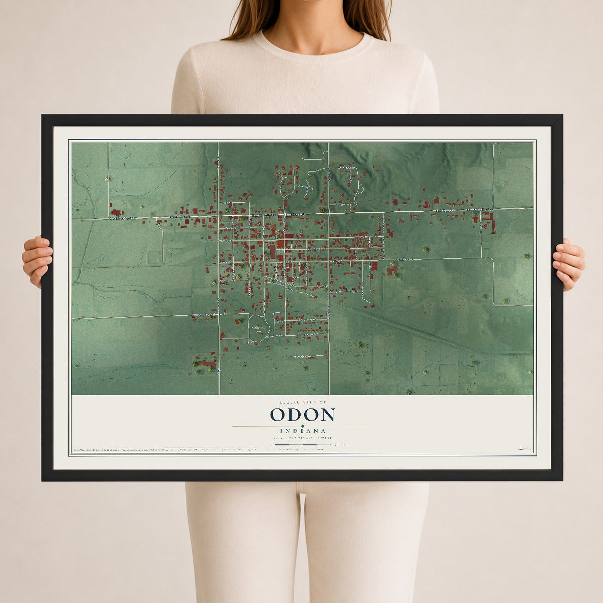 Map of Odon, Indiana, 24 x 36 inch print in a black wood frame