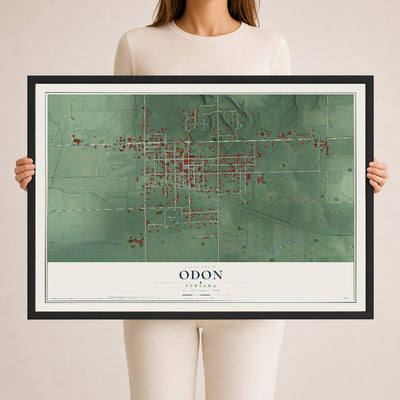 Map of Odon, Indiana, 24 x 36 inch print in a black wood frame