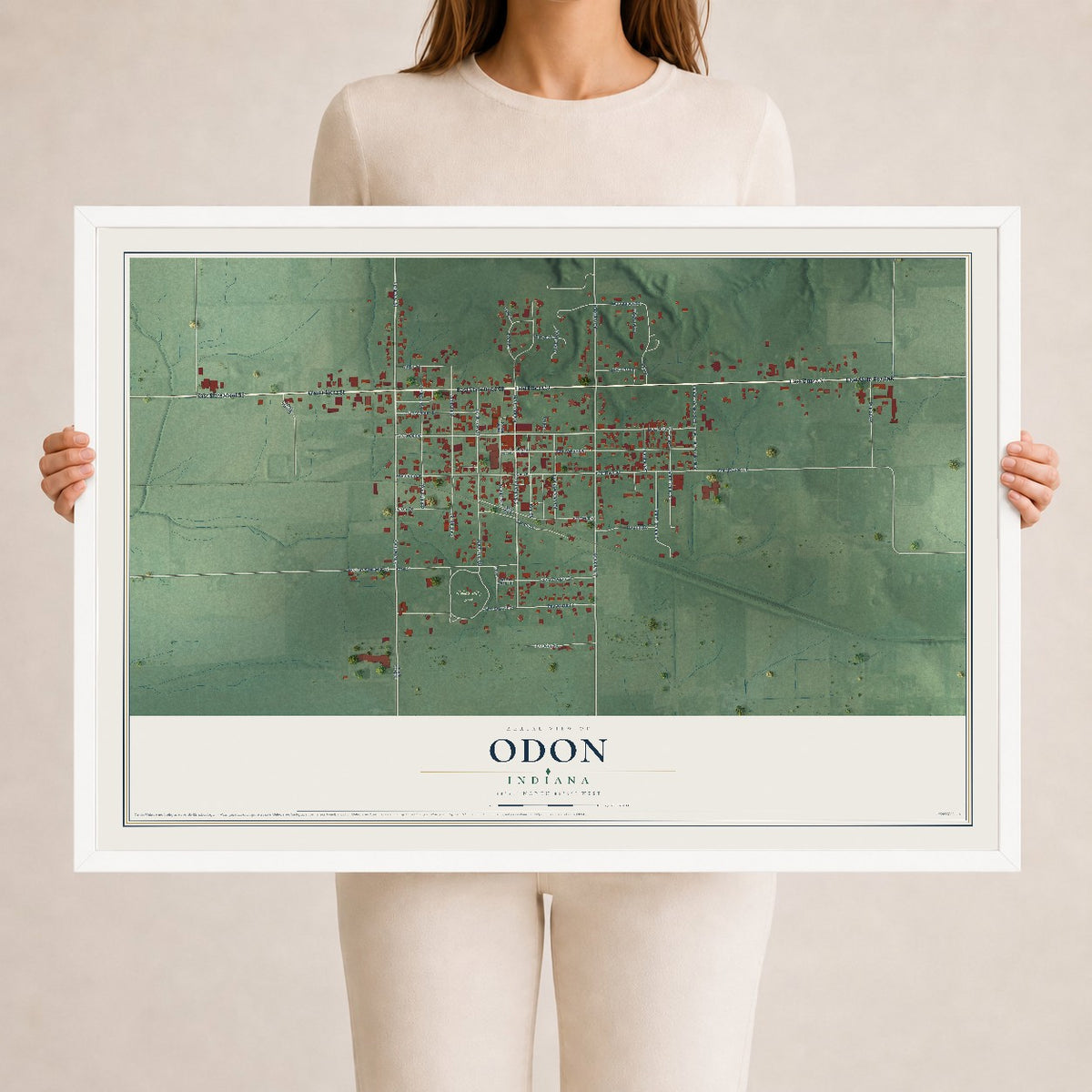 Map of Odon, Indiana, 24 x 36 inch print in a white wood frame