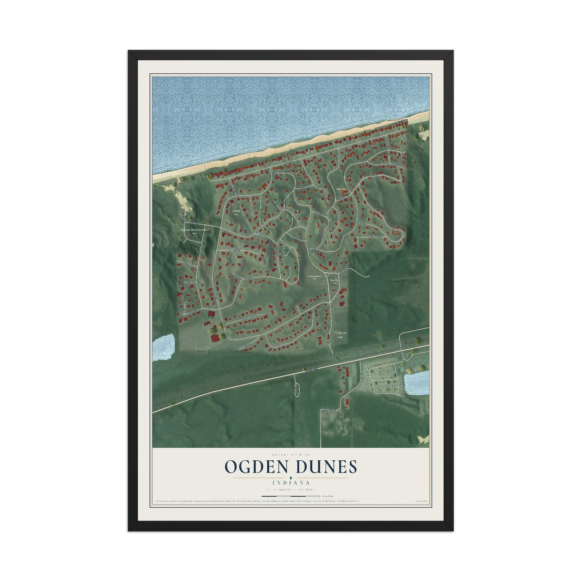 Map of Ogden Dunes, Indiana, 12 x 18 inch print in a black wood frame